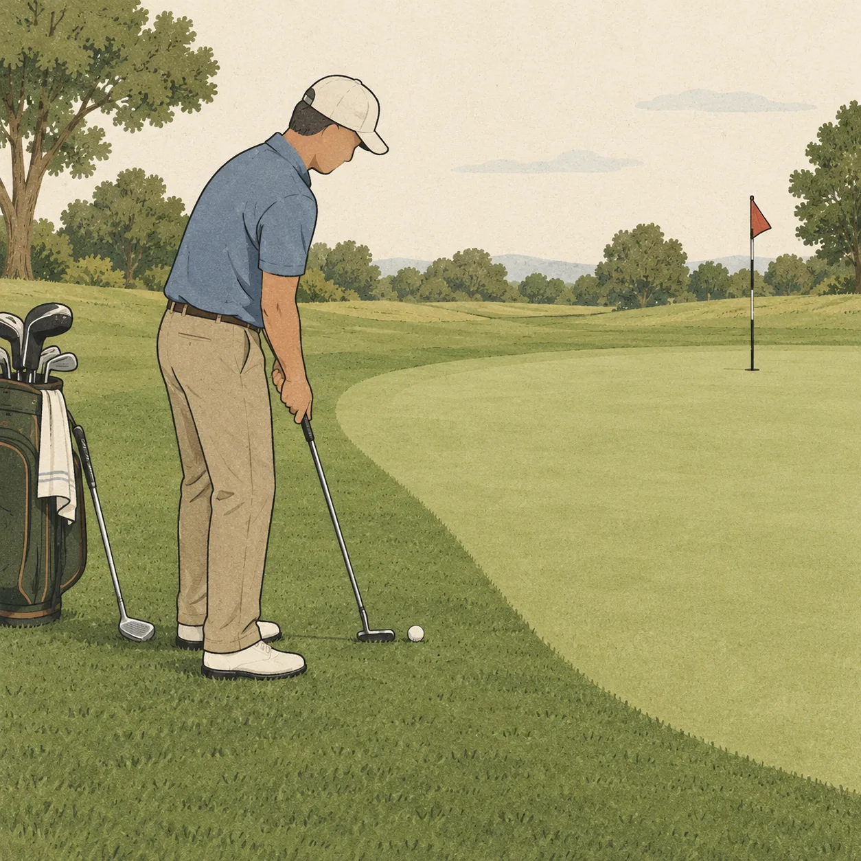 Golfer choosing a putter on short fringe with a clear route onto the green and a wedge beside the bag.