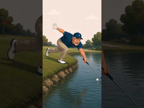 Frank trying to fish his golf ball out of a water hazard